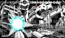 absurdres arm_cannon ceteee21 claw_(weapon) digimon digimon_(creature) digimon_card_game glowing glowing_eyes greyscale highres monochrome mugendramon no_humans non-humanoid_robot red_eyes robot robot_dragon sample_watermark shoulder_cannon solo spot_color watermark weapon