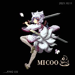 Rule 34 | ahoge, animal ears, artist name, bandaged leg, bandages, black background, blue eyes, closed mouth, commentary, dated, english commentary, full body, heterochromia, holding, holding sword, holding weapon, king liu, long sleeves, looking at viewer, lowres, multiple tails, original, pixel art, red eyes, short hair, simple background, solo, sword, tail, weapon, white hair, wide sleeves