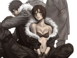 Rule 34 | 1girl, 3boys, aqua eyes, breasts, brown hair, butterfly sitting, coat, fur trim, hand in pocket, looking at viewer, mayumio88, multiple boys, original, parted lips, short hair, simple background, sitting, small breasts, white background