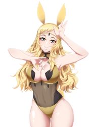 Rule 34 | 1girl, absurdres, adapted costume, animal ears, armpits, arms up, bare legs, blonde hair, breasts, cleavage, cleavage cutout, clothing cutout, fire emblem, fire emblem fates, fire emblem heroes, headband, highres, large breasts, leotard, long hair, navel, nintendo, ophelia (fire emblem), playboy bunny, rabbit ears, rabbit tail, see-through, seityr, short bangs, sleeveless, smile, tail