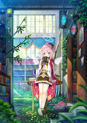 Rule 34 | 1girl, asymmetrical legwear, blue eyes, blue hair, blush, book, bookshelf, boots, braid, brown footwear, brown skirt, cape, commentary request, covered mouth, drawing (object), gradient hair, grass, hat, highres, holding, holding book, indoors, kneehighs, long hair, looking at viewer, multicolored hair, open book, original, picture frame, pink hair, pleated skirt, red cape, shoe soles, single kneehigh, single sock, skirt, socks, solo, table, tilted headwear, uneven legwear, very long hair, white hat, white socks, window, yano mitsuki (nanairo)