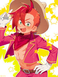 Rule 34 | 1boy, belt, brown hat, disney, earrings, fang, gloves, green eyes, hair between eyes, hand on own hip, hat, jacket, jewelry, kiri futoshi, male focus, multicolored hair, navel, neckerchief, nipples, open clothes, open jacket, open mouth, orange hair, panchito pistoles, personification, red hair, smile, solo, sombrero, stud earrings, twitter username, two-tone hair, upper body, white gloves