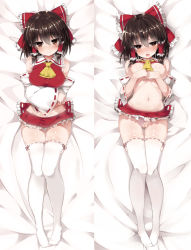 Rule 34 | 1girl, ascot, blush, bow, breast lift, breasts, brown eyes, brown hair, censored, clothes lift, clothing aside, dakimakura (medium), detached sleeves, full-face blush, full body, greatmosu, hair bow, hair ornament, hair ribbon, hair tubes, hakurei reimu, heart, heart-shaped pupils, heart censor, highres, large breasts, long sleeves, looking at viewer, lying, microskirt, midriff, multiple views, navel, no bra, on back, on bed, open mouth, panties, panties aside, pussy, ribbon, shirt, shirt lift, short hair, skindentation, skirt, smile, symbol-shaped pupils, thighhighs, touhou, underwear, white thighhighs, wide sleeves, zettai ryouiki