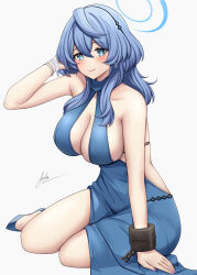 Rule 34 | 1girl, absurdres, ako (blue archive), ako (dress) (blue archive), aoikito lavender086, bare shoulders, blue archive, blue dress, blue eyes, blue footwear, blue hair, blue halo, blue pupils, bracelet, breasts, cleavage, collarbone, commentary request, dress, earrings, fingernails, grey background, hair between eyes, halo, highres, jewelry, large breasts, looking at viewer, medium hair, nail polish, official alternate costume, pink nails, plunging neckline, shoes, signature, simple background, sitting, sleeveless, sleeveless dress, solo
