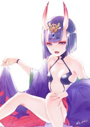 Rule 34 | 1girl, aruti, backlighting, blunt bangs, bob cut, cloak, collarbone, fate/grand order, fate (series), flat chest, forehead jewel, horns, makeup, open mouth, purple eyes, purple hair, revealing clothes, shuten douji (fate), sitting, skin-covered horns, solo, thick eyebrows, twitter username