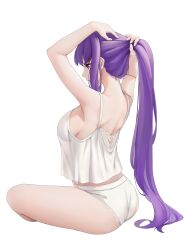 Rule 34 | 1girl, absurdres, armpits, arms up, ass, back, breasts, camisole, fern (sousou no frieren), high ponytail, highres, large breasts, long hair, nya cot, panties, parted lips, purple eyes, purple hair, sideboob, simple background, sitting, solo, sousou no frieren, thighs, tying hair, underwear, very long hair, white background, white camisole, white panties