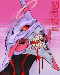 Rule 34 | 666, armor, blood, blood in mouth, blood on face, brando chiesa, colored sclera, eva 01, halo, highres, horns, mecha, neon genesis evangelion, no humans, open mouth, pink background, portrait, rebuild of evangelion, red sclera, robot, signature, single horn, teeth, waves