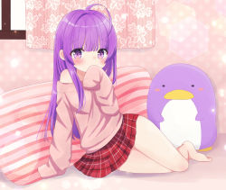 Rule 34 | 1girl, absurdres, ahoge, barefoot, blush, covering own mouth, curtains, highres, indoors, long hair, long sleeves, lying, nekomura yuyuko, off shoulder, original, pillow, plaid, plaid skirt, pleated skirt, purple eyes, purple hair, skirt, sleeves past fingers, sleeves past wrists, solo, stuffed animal, stuffed penguin, stuffed toy, sweater