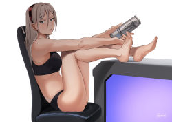 Rule 34 | 1girl, among us, black panties, blonde hair, can, chair, crewmate (among us), full body, girls&#039; frontline, hair between eyes, hair ornament, hairband, hairpin, highres, holding, holding can, kion-kun, legs on table, long hair, mole, mole under mouth, monster energy, multiple hairpins, office chair, panties, product placement, red hairband, shaw (girls&#039; frontline), sitting, sports bra, swivel chair, thighs, underwear, underwear only, white background