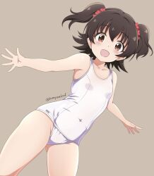 Rule 34 | 1girl, akagi miria, artist name, breasts, brown background, brown eyes, brown hair, collarbone, commentary request, covered navel, cowboy shot, gluteal fold, idolmaster, idolmaster cinderella girls, looking at viewer, one-piece swimsuit, open mouth, school swimsuit, short hair, simple background, small breasts, solo, swimsuit, tamayan, thighs, twitter username, two side up, white one-piece swimsuit