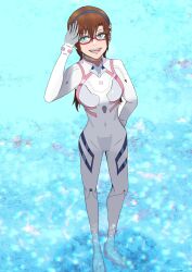 Rule 34 | 1girl, :d, blue eyes, bodysuit, breasts, brown hair, commentary request, covered navel, evangelion: 3.0+1.0 thrice upon a time, full body, glasses, hairband, highres, interface headset, long hair, looking at viewer, makinami mari illustrious, mamesuke 777, medium breasts, neon genesis evangelion, official alternate costume, open mouth, pilot suit, plugsuit, rebuild of evangelion, red-framed eyewear, smile, solo, standing, teeth, twintails, upper teeth only, wading, water, white bodysuit