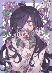 Rule 34 | 1boy, absurdres, averting eyes, black hair, black nails, bleeding, blood, border, collared shirt, covering own mouth, crying, crying with eyes open, cuts, floral background, flower, hair over one eye, hand over own mouth, hand up, highres, holding, holding flower, injury, long hair, long sleeves, looking to the side, meremero, nail polish, noose, original, petals, purple border, purple eyes, purple flower, sad, self-harm, self-harm scar, shirt, skeletal arm, solo, tears, upper body, veins, veiny arms, white shirt, wrist cutting