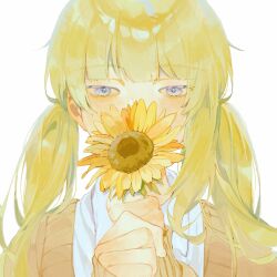 Rule 34 | 1girl, blonde hair, blue eyes, blush, brown sweater, collared shirt, commentary, covered mouth, flower, flower over mouth, gr 7, hair over shoulder, hands up, highres, holding, holding flower, long hair, long sleeves, looking ahead, original, own hands together, portrait, school uniform, shirt, simple background, solo, straight-on, sunflower, sweater, symbol-only commentary, twintails, white background, white shirt, yellow theme