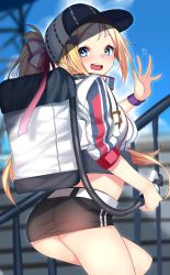 Rule 34 | 1girl, :d, ass, azur lane, baseball cap, baseball stadium, black shorts, blonde hair, blue eyes, blush, character request, commentary request, copyright request, cowboy shot, dated, from behind, hair ornament, hair ribbon, hat, highres, long hair, midriff, miniskirt, nebusoku, open mouth, ponytail, ribbon, shorts, signature, skirt, smile, solo, star (symbol), star hair ornament