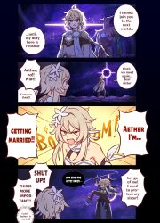 Rule 34 | 1boy, 1girl, 4koma, absurdres, abyss herald (genshin impact), aether (genshin impact), ahoge, artastiq, artist name, bare shoulders, blonde hair, braid, braided ponytail, brother and sister, brown pants, brown shirt, cape, comic, earrings, english text, flower, genshin impact, gold trim, hair flower, hair ornament, highres, holding, holding sword, holding weapon, jewelry, long hair, lumine (genshin impact), midriff, pants, scarf, shirt, short hair with long locks, short sleeves, siblings, single earring, speech bubble, star (sky), sweat, sword, very long hair, walking away, weapon, white cape, white flower, white scarf, yellow eyes