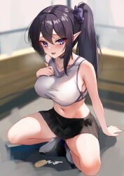 Rule 34 | 1girl, absurdres, alternate costume, bare shoulders, black hair, black skirt, breasts, breath, cheerleader, choker, crop top, food, grey footwear, grey shirt, hand on own chest, highres, ice cream, large breasts, long hair, looking at viewer, midriff, miniskirt, navel, open mouth, ophelia midnight, pleated skirt, pointy ears, purple choker, purple eyes, purple scrunchie, rifufu, scrunchie, shirt, shoes, side ponytail, skirt, sleeveless, sleeveless shirt, smile, sneakers, solo, spread legs, squatting, stomach, suggestive fluid, sweat, thighs, virtual youtuber, vreverie