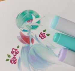 Rule 34 | colored skin, creatures (company), dress, elbow gloves, flower, game freak, gardevoir, gen 3 pokemon, gloves, green hair, hair over one eye, highres, iruka a012, marker, marker (medium), mega gardevoir, mega pokemon, nintendo, photo (medium), pokemon, pokemon (creature), rose, simple background, strapless, strapless dress, traditional media, white background, white dress, white gloves, white skin