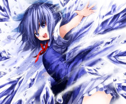 Rule 34 | 1girl, bloomers, blue eyes, blue hair, cirno, ice, iseki (kuroshura no tabiji), looking at viewer, matching hair/eyes, open mouth, outstretched arm, outstretched hand, short hair, smile, solo, touhou, underwear