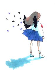 Rule 34 | 1girl, black wings, blue sailor collar, blue skirt, brown hair, commentary request, facing away, feathered wings, feathers, from behind, full body, long hair, long sleeves, neckerchief, no shoes, original, pleated skirt, red neckerchief, sailor collar, sailor shirt, school uniform, serafuku, shadow, shirt, simple background, skirt, socks, solo, standing, tokunaga aoi, traditional media, white background, white shirt, white socks, wind, wings