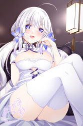 Rule 34 | 1girl, 2020, ahoge, ass, azur lane, breasts, china dress, chinese clothes, cleavage, cleavage cutout, clothing cutout, cutout above navel, dress, hair ribbon, highres, illustrious (azur lane), illustrious (maiden lily&#039;s radiance) (azur lane), indoors, large breasts, long hair, looking at viewer, official alternate costume, open mouth, origami aya, ribbon, short sleeves, signature, solo, thighhighs, tress ribbon, tri tails, white dress, white thighhighs
