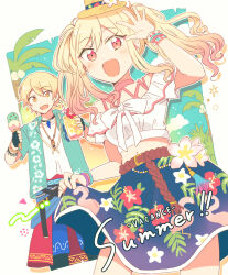 Rule 34 | 1boy, 1girl, arm up, belt, black pants, blonde hair, blue jacket, blue skirt, bracelet, brother and sister, brown belt, commentary, crop top, floral print, flower, food, frilled shirt, frills, highres, hitopm, holding, holding food, ice cream, jacket, jewelry, midriff, off-shoulder shirt, off shoulder, open mouth, pants, pink eyes, project sekai, sash, shirt, siblings, skirt, smile, tassel, tenma saki, tenma tsukasa, twintails, white flower, white shirt, yellow eyes