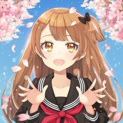 Rule 34 | 1girl, ayami (annahibi), black ribbon, blush, brown eyes, brown hair, cherry blossoms, close-up, commentary request, day, dot nose, flower, hair ribbon, long hair, open hands, open mouth, original, petals, pink flower, red ribbon, ribbon, school uniform, sky, smile, solo, spring (season)