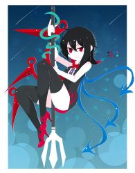 Rule 34 | 1girl, asymmetrical wings, black dress, black hair, black thighhighs, blue wings, border, bow, bowtie, breasts, buttons, center frills, closed mouth, commentary request, dress, frills, full body, high heels, holding, holding polearm, holding weapon, houjuu nue, nosada, polearm, red bow, red bowtie, red eyes, red footwear, red wings, short dress, short hair, sleeveless, sleeveless dress, small breasts, smile, snake, thighhighs, tomoe (symbol), touhou, trident, weapon, white border, wings