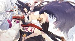 Rule 34 | 10s, 2girls, animal ears, anklet, ass, bad id, bad pixiv id, bare back, barefoot, bell, black hair, black legwear, blue eyes, breasts, closed mouth, detached sleeves, dress, erune, fang, fox ears, fox shadow puppet, fox tail, from below, fur trim, gloves, granblue fantasy, hagoromo, hair bell, hair ornament, hair ribbon, highres, jewelry, jingle bell, large breasts, leg ribbon, long hair, long sleeves, looking at viewer, m/, multiple girls, no shoes, red eyes, ribbon, shawl, slit pupils, smile, societte (granblue fantasy), tail, toeless legwear, touzai (poppin phl95), very long hair, white background, white hair, wide sleeves, yuel (granblue fantasy)