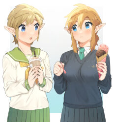 Rule 34 | 2girls, :d, black skirt, black sweater, blonde hair, blush, breasts, commentary request, dual persona, earrings, eye contact, food, genderswap, genderswap (mtf), green eyes, green necktie, green sailor collar, grey background, hair between eyes, highres, holding, holding food, holding ice cream, ice cream, ice cream cone, jewelry, large breasts, link, looking at another, multiple girls, neckerchief, necktie, nintendo, open mouth, pleated skirt, pointy ears, sailor collar, shirt, short hair, skirt, smile, sweater, the legend of zelda, the legend of zelda: breath of the wild, the legend of zelda: skyward sword, ttanuu., white shirt