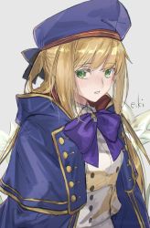 Rule 34 | 1girl, artoria caster (fate), artoria caster (second ascension) (fate), artoria pendragon (fate), beret, black bow, blonde hair, blue cloak, blue hat, blush, bow, buttons, cloak, collar, collared shirt, eiki (eikityou 55), fate/grand order, fate (series), flower, gem, gold trim, green eyes, green gemstone, hair between eyes, hair bow, hat, highres, long hair, long sleeves, looking at viewer, open mouth, purple bow, shirt, skirt, solo, teeth, twintails, white background, white flower, white shirt, white skirt