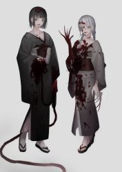 Rule 34 | 2girls, aqua eyes, black hair, black kimono, blood, blood from mouth, blood in hair, blood on clothes, blood on face, blood on hands, bow, braid, brown eyes, claws, collarbone, fingernails, gradient background, grey kimono, guro, hair bow, highres, holding, holding organ, intestines, japanese clothes, kimono, long fingernails, long fingers, long hair, multiple girls, organs, original, parted lips, red bow, short hair, smile, standing, teeth, tobacco (tabakokobata), toenails, very long fingernails, white hair