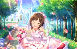 Rule 34 | 10s, 1girl, ^ ^, artist request, bare shoulders, bouquet, bow, brown hair, church, closed eyes, dress, earrings, fang, flower, gloves, idolmaster, idolmaster cinderella girls, idolmaster cinderella girls starlight stage, jewelry, maekawa miku, necklace, official art, open mouth, petals, ribbon, rose, short hair, smile, solo, veil, wedding dress