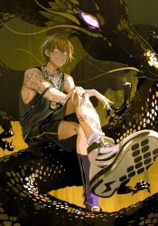 Rule 34 | 1boy, arm tattoo, black background, black shorts, black tank top, blonde hair, chain, chain necklace, dragon, full body, highres, jewelry, kuzuryu chisei, leg tattoo, looking at viewer, male focus, multicolored background, neck tattoo, necklace, paradox live, pink eyes, ring, shannon xie, shoes, shorts, smile, sneakers, socks, solo, tank top, tattoo, teeth, twitter username, white footwear, white socks, yellow background