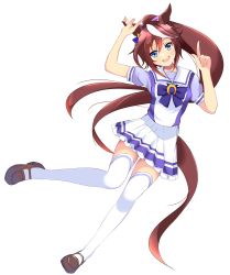 Rule 34 | 1girl, animal ears, blouse, blue eyes, bow, breasts, brown hair, hair between eyes, hair ribbon, highres, horse ears, horse girl, horse tail, long hair, looking at viewer, multicolored hair, open mouth, pleated skirt, ponytail, purple shirt, ribbon, school uniform, shirt, simple background, skirt, small breasts, smile, solo, tail, thighhighs, tokai teio (umamusume), two-tone hair, uechirou, umamusume, white background, white skirt, white thighhighs