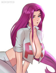 Rule 34 | 1girl, artist name, blue eyes, breasts, collarbone, creatures (company), game freak, hair down, highres, jessie (pokemon), large breasts, long hair, midriff, nintendo, open clothes, open mouth, open shirt, pokemon, pokemon (anime), pokemon (classic anime), purple hair, raised eyebrow, rovintus, simple background, single letter, team rocket, team rocket uniform, very long hair, white background