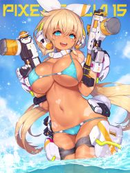 Rule 34 | 1girl, :d, aqua bikini, aqua eyes, bikini, black gloves, blonde hair, blue bikini, blue eyes, blue sky, blush, bow, breasts, cameltoe, cleavage, cowboy shot, curvy, dark-skinned female, dark skin, day, dual wielding, facial mark, gloves, gun, hair between eyes, hair bow, hair ribbon, hands up, headgear, heart, holding, holding weapon, holster, large breasts, light brown hair, long hair, looking at viewer, low twintails, mecha musume, navel, nidy, ocean, open mouth, original, outdoors, ribbon, skindentation, sky, smile, solo, swimsuit, tan, teeth, thigh holster, thigh strap, twintails, underboob, undersized clothes, very long hair, wading, water gun, weapon, wet, white bow