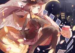 Rule 34 | 10s, 1girl, arm support, asuka (louyun), bare shoulders, black thighhighs, blush, blush stickers, capelet, card, city lights, crescent moon, elbow gloves, floating, floating card, ghost, gloves, halloween, hat, high heels, jack-o&#039;-lantern, long hair, looking at viewer, love live!, love live! school idol festival, love live! school idol project, miniskirt, moon, pumpkin, purple hair, skirt, smile, solo, tarot, thighhighs, top hat, tojo nozomi, twintails, witch hat