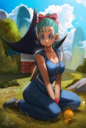Rule 34 | 1girl, :o, absurdres, aqua hair, bangs pinned back, bare arms, bare shoulders, blue eyes, blue sky, bow, braid, braided ponytail, breasts, bulma, cleavage, cloud, cosplay, dougi, dragon ball, dragon ball (classic), dragon ball (object), elite nappa, facing viewer, full body, grass, green hair, hair bow, highres, house, large breasts, looking at viewer, on floor, on grass, outdoors, own hands together, red bow, scenery, seiza, sitting, sky, solo, son goku (cosplay), son goku, v arms, wariza