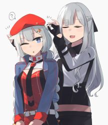 Rule 34 | 2girls, :o, ?, ak-12 (girls&#039; frontline), animal ears, belt, beret, black gloves, black neckwear, black ribbon, blue eyes, blue jacket, braid, breasts, cat ears, closed eyes, fingerless gloves, flower-shaped pupils, french braid, girls&#039; frontline, gloves, grey hair, hair ornament, hair ribbon, hairclip, hand on another&#039;s ear, hat, hat ornament, highres, hinami047, holding, holding own hair, jacket, long hair, looking at viewer, low twintails, multiple girls, necktie, one eye closed, open clothes, open jacket, open mouth, ots-12 (girls&#039; frontline), partially fingerless gloves, red headwear, ribbon, russian flag, silhouette, soviet flag, standing, star-shaped pupils, star (symbol), star hair ornament, star hat ornament, symbol-shaped pupils, tactical clothes, twin braids, twintails, very long hair, white background, white belt