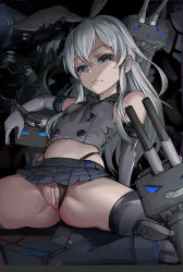 Rule 34 | 1girl, absurdres, alternate color, arm support, ass, bar censor, black panties, blue eyes, boots, censored, clothing aside, cropped vest, dark persona, dikko, elbow gloves, expressionless, gloves, hairband, highleg, highres, kantai collection, long hair, looking at viewer, machinery, microskirt, midriff, navel, panties, panties aside, pleated skirt, pussy, rensouhou-chan, sailor collar, school uniform, serafuku, shimakaze (kancolle), sitting, skirt, solo, spread legs, striped clothes, striped thighhighs, thighhighs, underwear, vest, white gloves, white hair, zettai ryouiki