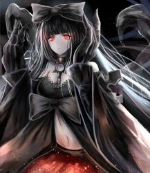 Rule 34 | 10s, 1girl, abyssal ship, bare shoulders, black bow, black dress, black hair, bow, breasts, chain, claws, cleavage, collar, dress, glowing, glowing eyes, gothic lolita, hair bow, hands up, highres, hime cut, kantai collection, lace, lace-trimmed dress, lace trim, large bow, large breasts, lips, lolita fashion, long hair, mechanical arms, moonlight, nicky w, night, red eyes, seaplane tender princess, solo, very long hair