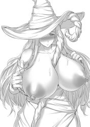 Rule 34 | 1girl, bare shoulders, between breasts, breasts, breasts out, detached sleeves, dragon&#039;s crown, dress, gigantic breasts, greyscale, hat, hat over one eye, huge breasts, long hair, m hito, monochrome, nipples, phallic symbol, puffy nipples, solo, sorceress (dragon&#039;s crown), staff, strapless, strapless dress, sweat, witch hat