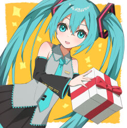 Rule 34 | 1girl, absurdres, aramedraw, bare shoulders, black skirt, black sleeves, blue eyes, blue hair, blue necktie, blush, bow, box, collared shirt, detached sleeves, dutch angle, gift, gift box, grey shirt, hatsune miku, headset, highres, holding, holding gift, long hair, long sleeves, looking at viewer, necktie, open mouth, polka dot, red bow, shirt, simple background, skirt, sleeveless, sleeveless shirt, solo, tie clip, twintails, upper body, vocaloid, white background, white shirt