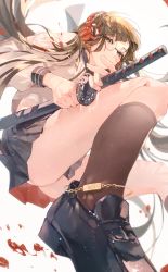 Rule 34 | 1girl, absurdres, anklet, black footwear, black skirt, blood, blush, brown eyes, brown hair, closed mouth, clothes between thighs, glasses, headphones, highres, holding, holding sheath, holding sword, holding weapon, idoukunn, jewelry, katana, long hair, original, round eyewear, scabbard, school uniform, sheath, simple background, skirt, smile, solo, sword, uniform, weapon, white background