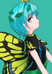 Rule 34 | 1girl, antennae, aqua background, aqua hair, brown eyes, butterfly wings, closed mouth, dress, eternity larva, fairy, green dress, highres, insect wings, leaf, leaf on head, multicolored clothes, multicolored dress, one-hour drawing challenge, scottie0521, short hair, short sleeves, simple background, solo, touhou, upper body, wings