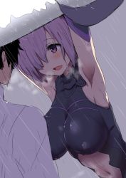 Rule 34 | 1boy, 1girl, armpits, arms up, black hair, black leotard, blush, breasts, breath, clearite, clothing cutout, dutch angle, facing another, fate/grand order, fate (series), hair over one eye, halterneck, large breasts, leotard, looking at another, mash kyrielight, midriff, navel, navel cutout, open mouth, over shoulder, purple eyes, purple hair, rain, short hair, smile, upper body