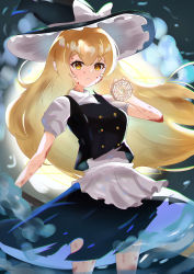 Rule 34 | 1girl, absurdres, apron, black background, black hat, black skirt, black vest, blonde hair, blood, blood on arm, blood on face, blood on leg, bow, chirihouki, closed mouth, hat, hat bow, highres, kirisame marisa, light particles, long hair, looking at viewer, mini-hakkero, shirt, short sleeves, skirt, solo, torn clothes, torn skirt, touhou, turtleneck, v-shaped eyebrows, vest, waist apron, white apron, white bow, white shirt, yellow eyes