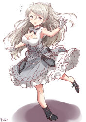 Rule 34 | 1girl, black footwear, breasts, brown eyes, cleavage, cleavage cutout, clothing cutout, conte di cavour (kancolle), conte di cavour nuovo (kancolle), dress, frilled dress, frills, fuji (pixiv24804665), full body, gloves, grey dress, grey hair, highres, kantai collection, large breasts, layered dress, long hair, looking at viewer, open mouth, short sleeves, simple background, smile, solo, two-tone dress, two side up, white background, white dress, white gloves