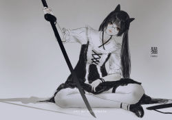 Rule 34 | 1girl, animal ears, aoi ogata, artist name, black dress, black eyes, black footwear, black hair, cat ears, closed mouth, collarbone, commentary request, dress, frilled shirt collar, frills, glasses, grey background, greyscale, head tilt, holding, holding sword, holding weapon, katana, leaning to the side, long hair, looking at viewer, monochrome, original, puffy short sleeves, puffy sleeves, red lips, romaji text, round eyewear, shirt, shoes, short sleeves, sitting, sleeveless, sleeveless dress, solo, sword, translation request, twintails, very long hair, weapon, white shirt