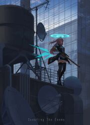 Rule 34 | 1girl, absurdres, ambriel (arknights), arknights, black footwear, black gloves, black jacket, black skirt, black thighhighs, boots, building, detached sleeves, english text, food in mouth, gloves, grey shirt, gun, halo, highres, holding, holding gun, holding weapon, jacket, long hair, long sleeves, open clothes, open jacket, outdoors, pencil skirt, pink hair, pocky, pocky in mouth, rifle, satellite dish, shirt, side ponytail, skirt, skyscraper, sniper rifle, solo, standing, thighhighs, water tank, weapon, yakupan